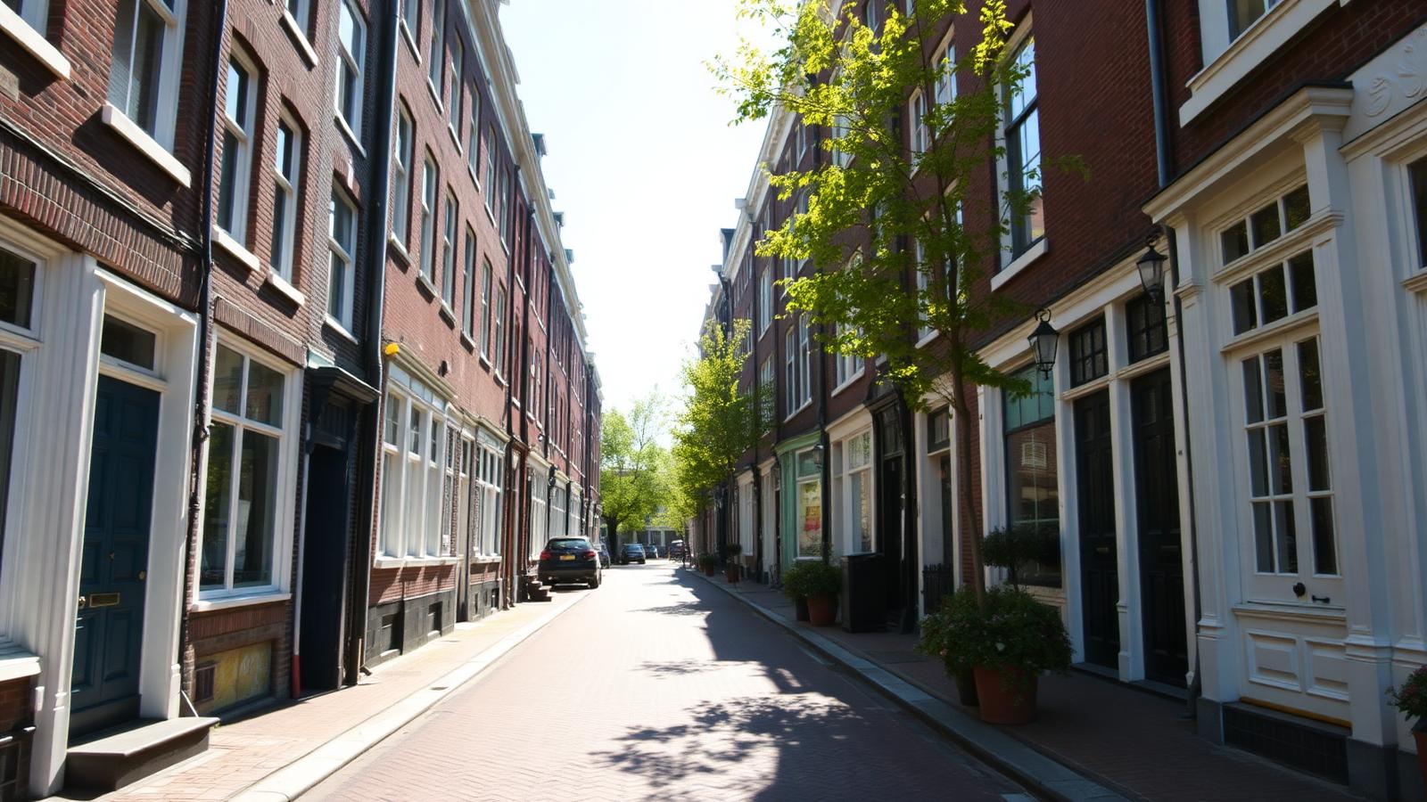 Amsterdamse straat met grachtenpanden en voordeuren bij daglicht
